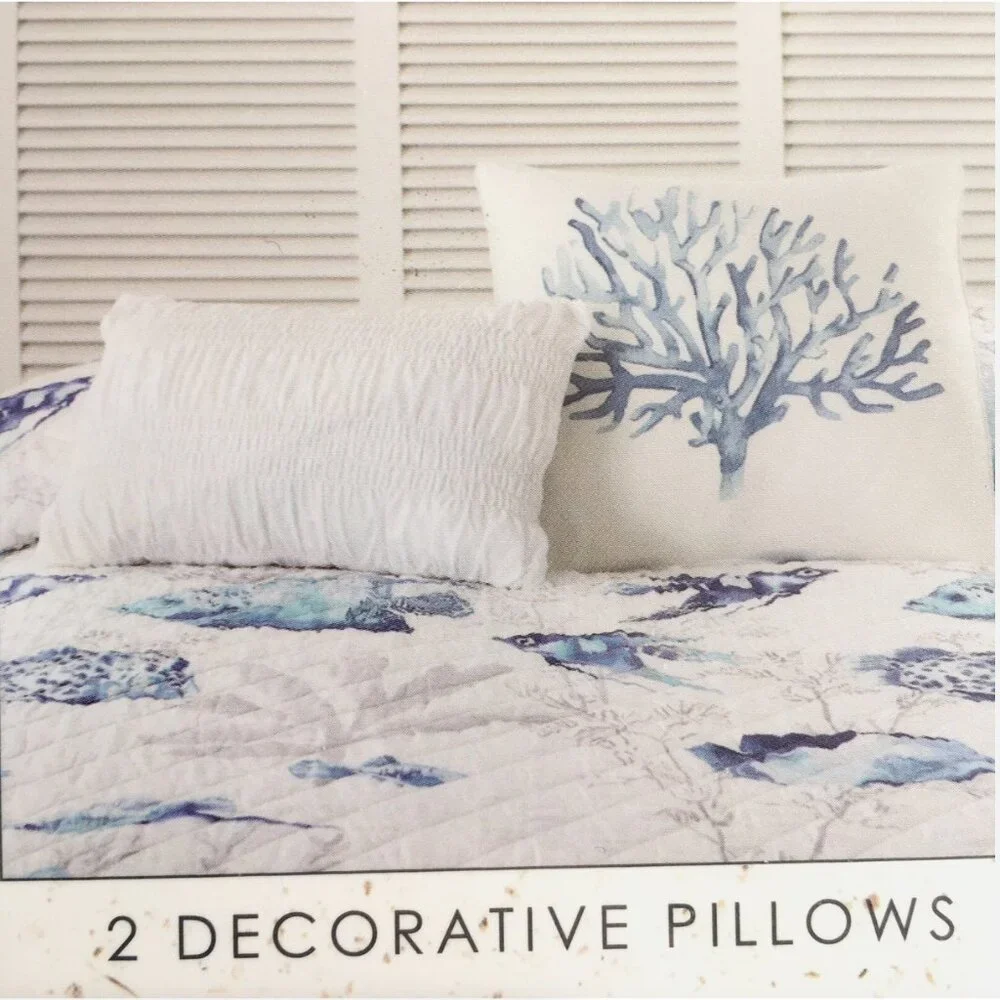 9pc Nicole Miller Blue Fish Coral Ocean QUEEN Quilt Set Sham Sheet Throw Pillow